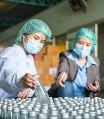 A photo of two Asian factory workers – one is in a white uniform handling products, while the other is in a suit jacket with an iPad.