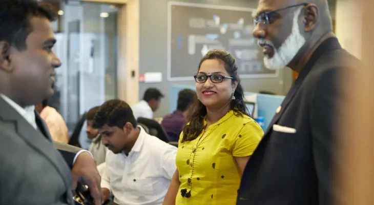 A group of Asian business people talking in an office.