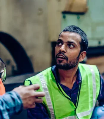 A photo of two construction workers talking while on a break.