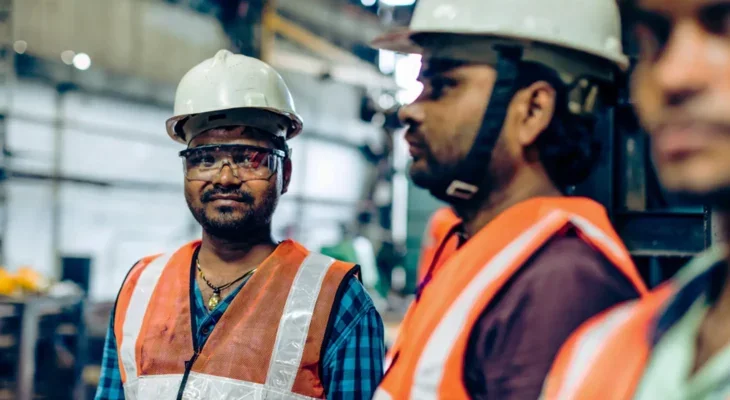 A photo of a smiling construction worker wearing protective clothing.