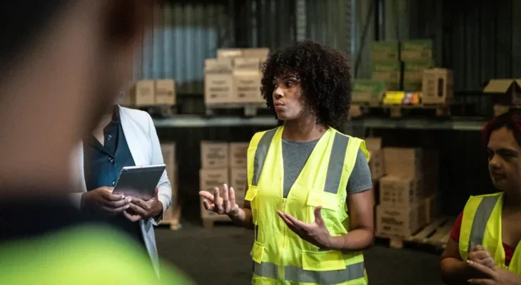 A photo of a young black woman in a distribution warehouse, wearing high-vis, having a discussion with colleagues.