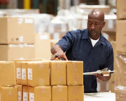 Photo of a middle aged black man in a warehouse, checking boxes