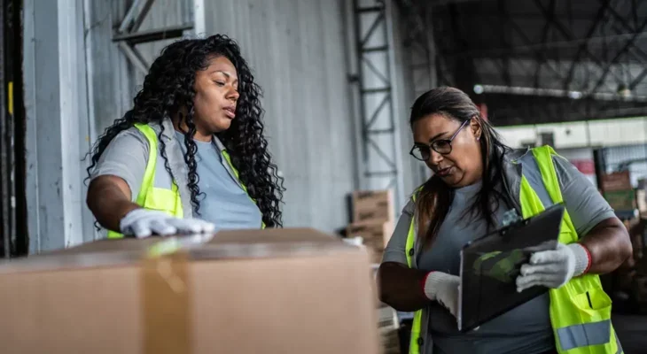 A photo of two female workers with a large box in a factory loading bay.