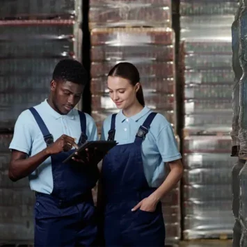 Two young workers in dungarees looking at a tablet, stood in a warehouse full of soft drinks