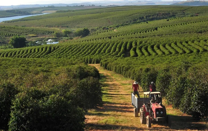 Farm workers riding in a tractor in a vast field