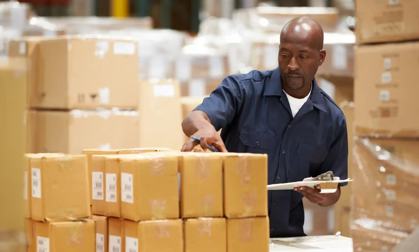 Photo of a middle aged black man in a warehouse, checking boxes